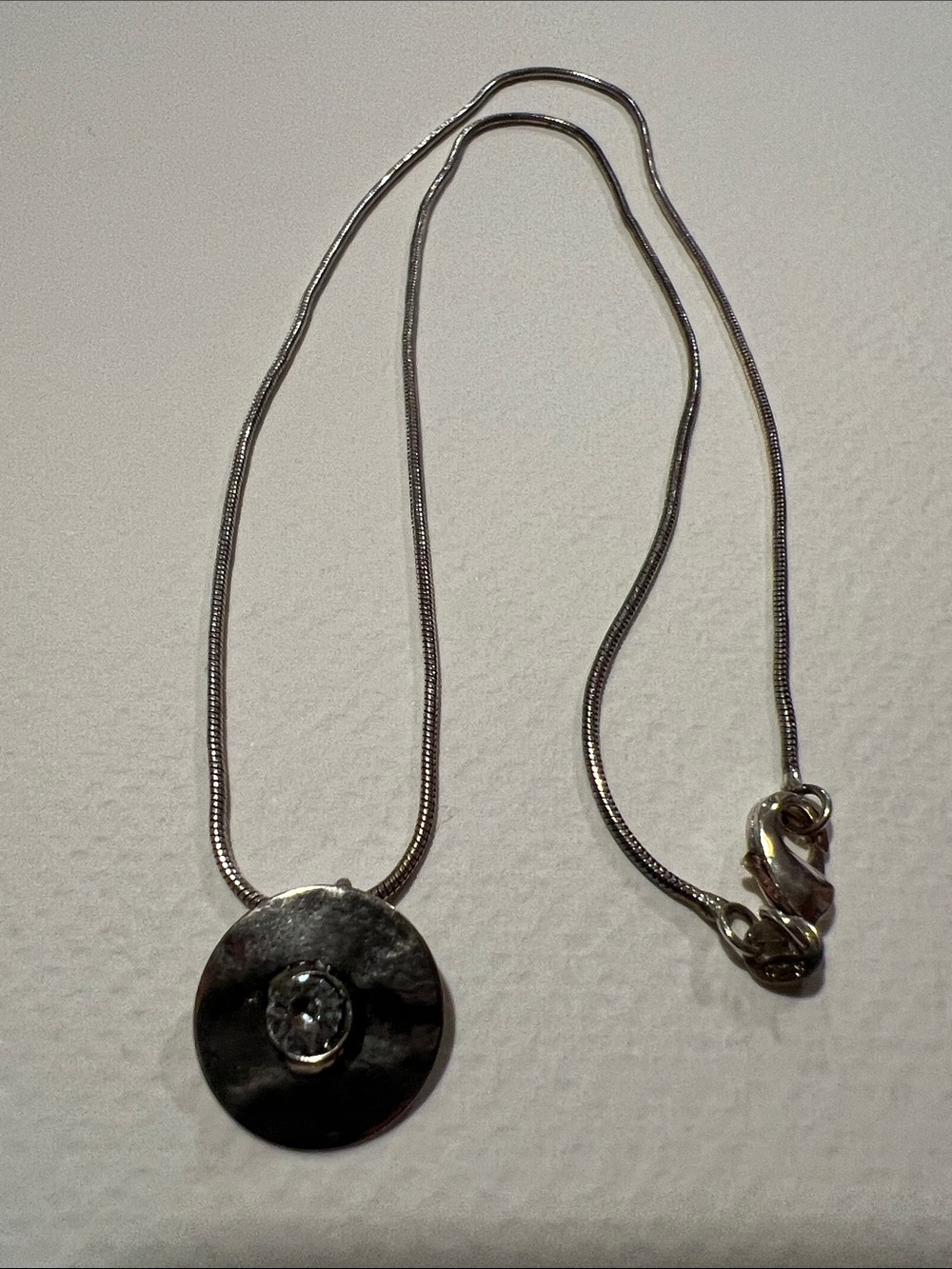 Sterling Silver Disc Pendant Necklace with Clear Crystal Accent